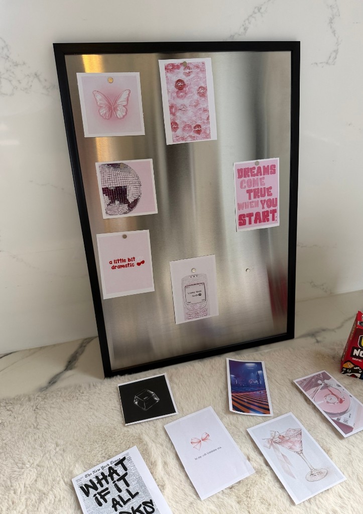 Metalli Magnetic Board with pink aesthetic cards on a shag rug